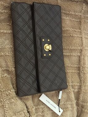 Marc Jacobs Quilted Dark Brown Leather Clutch with Gold Turn-Lock